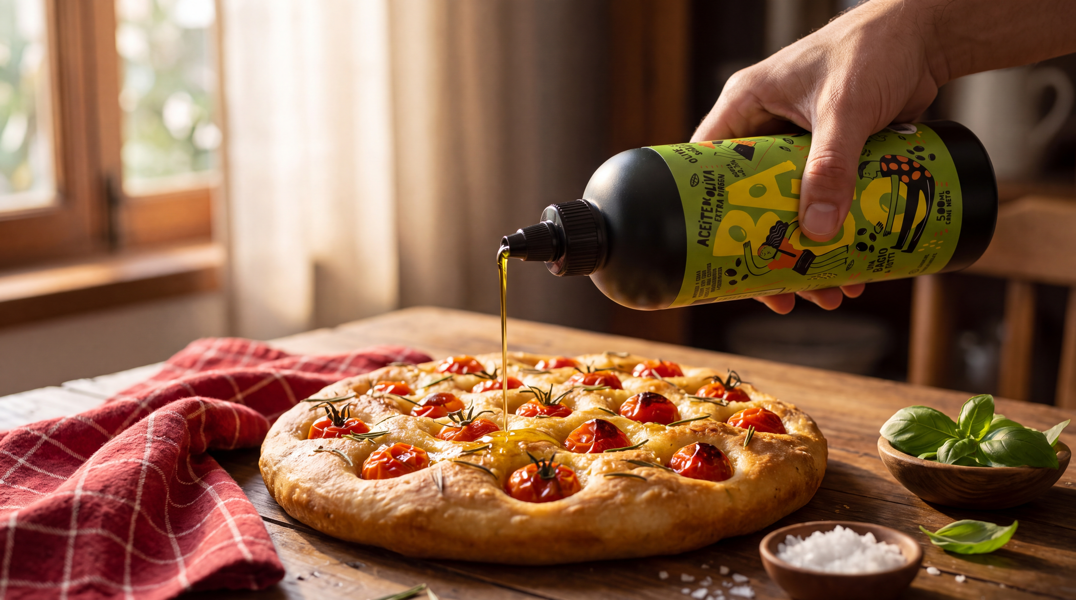 Botella BACIO vertiendo aceite de oliva sobre focaccia con tomates